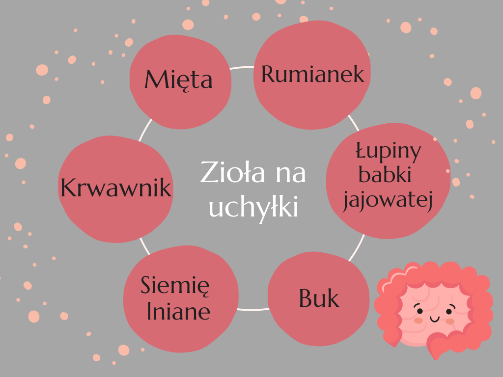 zioła na uchyłki to mięta rumianek łupiny babki jajowatej buk siemię lniane oraz krwawnik